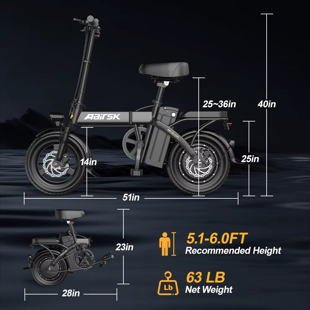 Aairsk 500W 15AH E Bike 14 Inch E-Bike 3 Speeds City Road Adults Folding Fat Bike Electric Dirt Ebike Bike US Foldable Stock